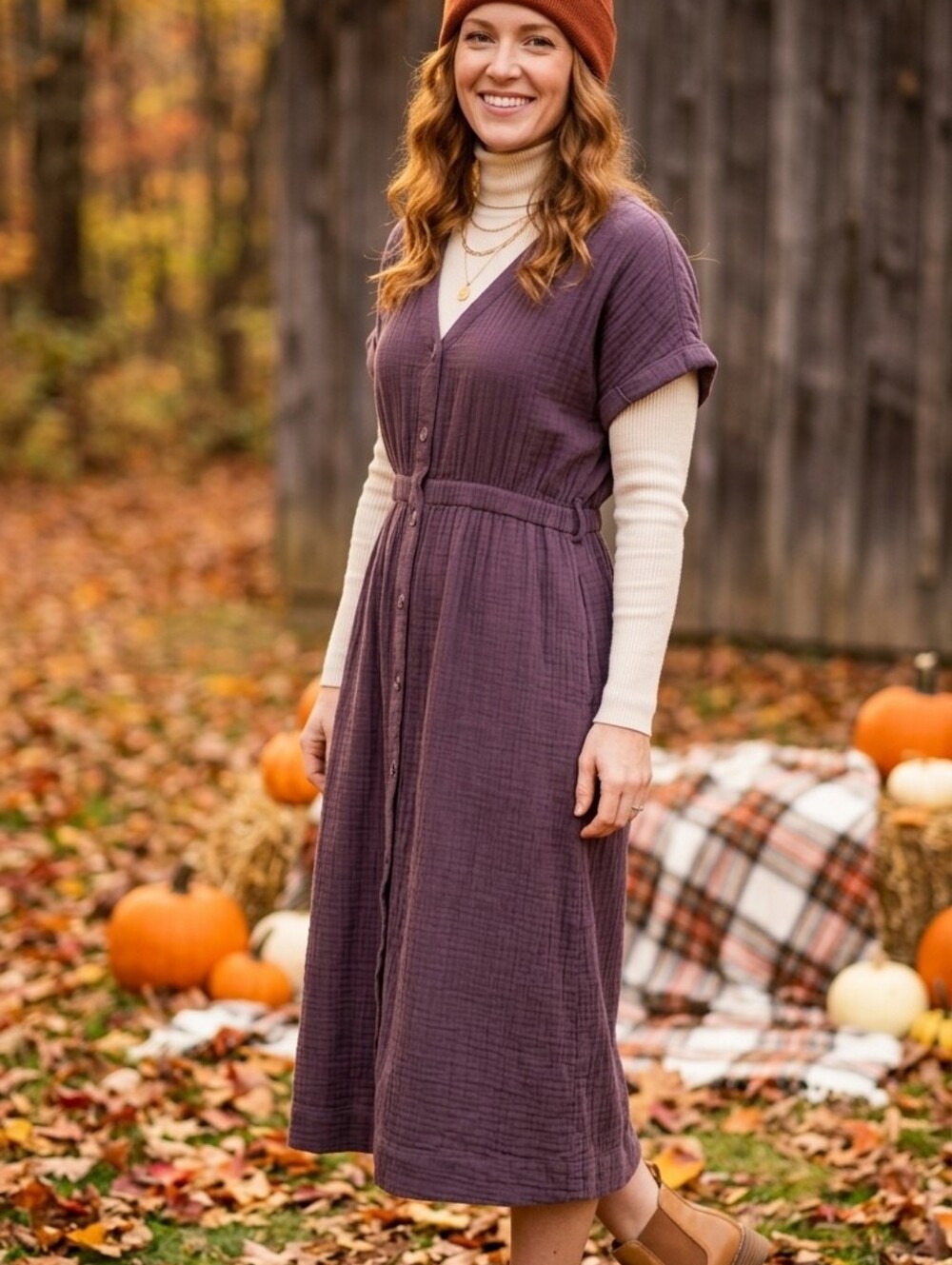 Pact Organic Double Gauze Cotton Button Front Midi Dress Purple Size Large